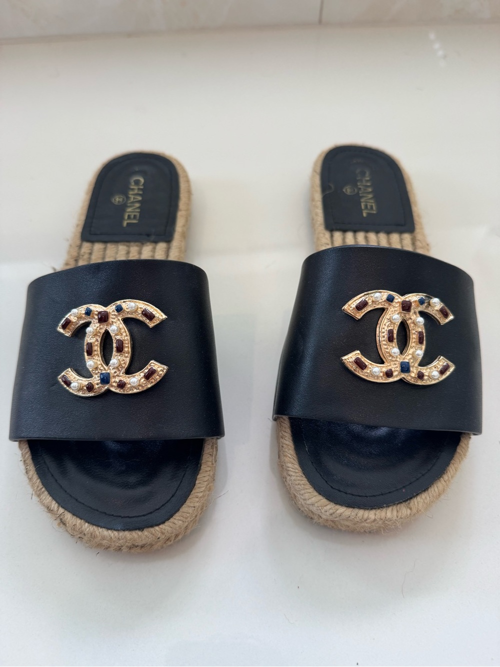 CHANEL Black Leather Slide Sandals with Gold CC Logo